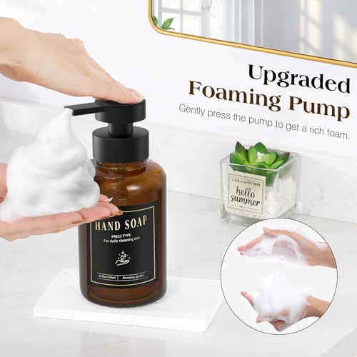 Luxspire Foaming Soap Dispenser, Glass Foam Pump Soap Dispenser, Non-Slip Hand Soap Bottle with 5 Waterproof Labels, 15 Oz Refillable Liquid Soap Bottle for Bathroom & Kitchen, Amber, 2 Pack - color: Amber