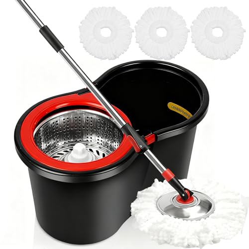 Spin Mop and Bucket with Wringer Set, 360°Rotating Head Mop Bucket System, 3 Replacement Mop Heads for Floor Cleaning (Black & Red) (Three mop Heads)