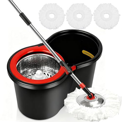 Spin Mop and Bucket with Wringer Set, 360°Rotating Head Mop Bucket System, 3 Replacement Mop Heads for Floor Cleaning (Black & Red) (Three mop Heads)