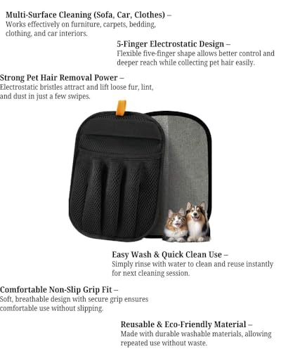 3pcs Large Pet Hair Removal Gloves for Cats | Electrostatic Magic Brush for Clothes, Beds, Sofa, Carpets | Fur Hero | Thickened Newly Upgraded | Fur Remover Mitt for Dogs, 2 Gloves + 1 Lint Scraper