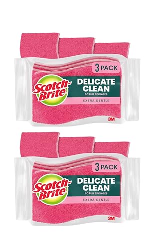 Scotch-Brite Delicate Care Scrub Sponges, 6 Count (2 Packs of 3) – Non-Scratch Cleaning for Glassware, Non-Stick Cookware
