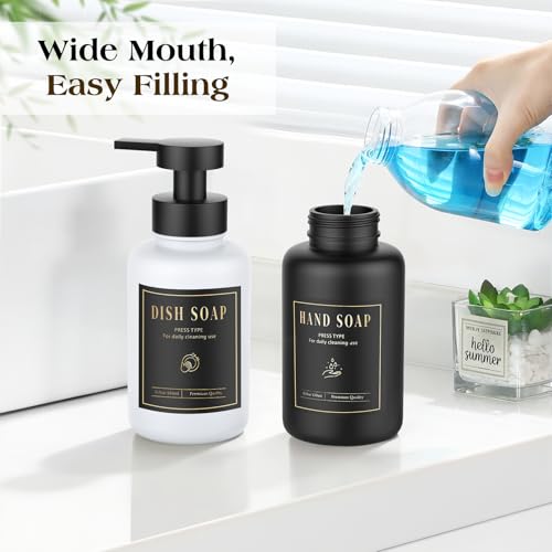 Luxspire Foaming Soap Dispenser, Glass Foam Pump Soap Dispenser, Non-Slip Hand Soap Bottle with 5 Waterproof Labels, 15 Oz Refillable Liquid Soap Bottle for Bathroom & Kitchen, Black+White, 2 Pack - color: Black + White