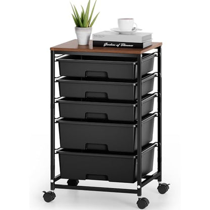 SYKIARIOL 5-Tier Rolling Utility Storage Drawer Craft Cart on Wheels with Wooden Tabletop, Mobile Craft Storage Drawer Cart Trolley for Home Office, Classroom, Craft Room & Kid Room, Black - color: Black