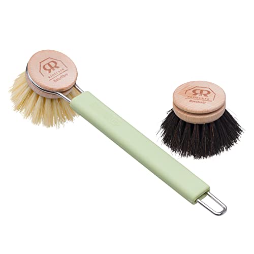 Redecker Dish Brush Set, Silicone Handle – Reed with Tampico & Horsehair Heads – Sustainable Cleaning System, Made in Germany - color: Reed