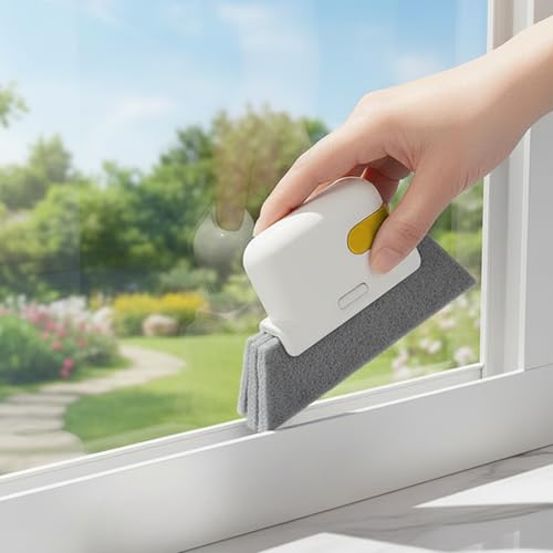 Magic Window Track Cleaning Brush, Hand-held Groove Scrubber with Triangular Pad & Scraper for Sliding Door Tracks, Shower Doors, Bathroom, Car Vents, Air Conditioners, Kitchen Slots (Yellow) - color: Yellow