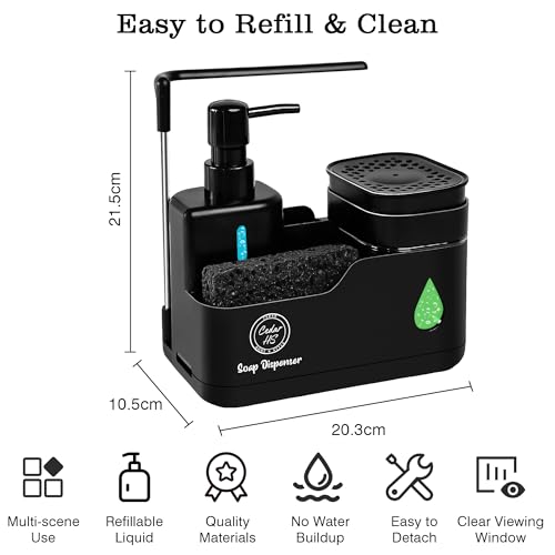 Kitchen Soap Dispenser Set (Black) – 4 in 1 Dual Pump Bottles with Sponge Caddy, Brush Holder, Towel Bar & Drain Rack – Space-Saving Countertop Organizer for Sink & Bathroom