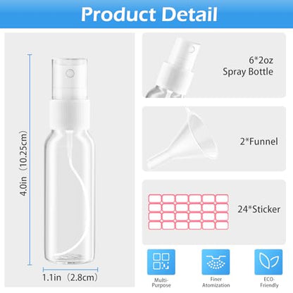 Zoizocp Spray Bottles, 1oz/30ml Clear Empty Fine Mist Plastic Mini Travel Bottle Set, Small Refillable Liquid Containers with 2pcs Funnels and 24pcs Labels (6 Pack) - color: Clear（BPA+TSA）-1oz