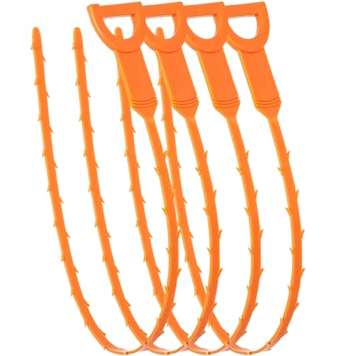 Drain Snake Hair Clog Remover Orange Plastic, 20 Inch Barbed Design for Bathroom Tub Kitchen Sink Toilet Sewer Cleaning 4 Pack