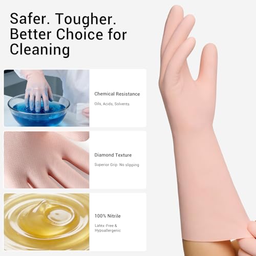 ThxToms 2 Pair Nitrile Dishwashing Cleaning Gloves,with Cotton Flocked Liner,Skin-Friendly & Anti-Slip Design,Y&P - size: Large
