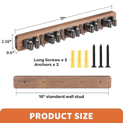 IMILLET Broom Holder Wall Mount, Rustic Wood Broom Hanger with 5 Racks and 4 Hooks, Laundry Room Organization and Storage, Mop Holder for Home Decor, Garden, Garage, Kitchen, Closet - style: Wooden-5 Slots Brown