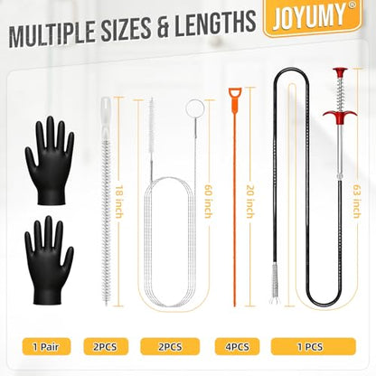 10PCS Drain Snake Kit, 63" Heavy Duty Plumbing Auger, 60" Sink Snake Brush, 20" Clog Remover, 18" Cleaning Brush with Gloves, Pipe Cleaner for Kitchen Sink, Bathtub, Toilet, Sewer Drainage - style: Pack of 10PCS
