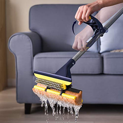 Yocada Sponge Mop Home Commercial Use Tile Floor Bathroom Garage Cleaning with Squeegee and Extendable Telescopic Long Handle 42-52 Inches Easily Dry Wringing - color: Sponge Mop