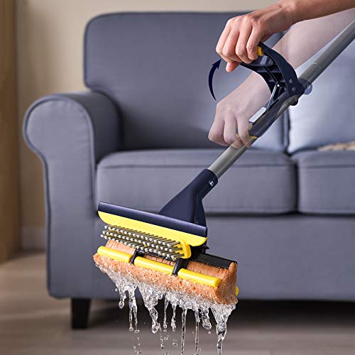 Yocada Collapsible Plastic Bucket Mop Bucket and Sponge Mop Kit Home Commercial Tile Floor Bathroom Garage Cleaning with Total 2 Sponge Heads Telescopic 42.5-52 Inches Easily Dry Wringing Yellow