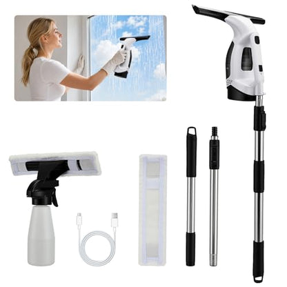 Window Vacuum Squeegee Cordless, 2200mAh Electric Window Squeegee Vacuum with 0.8-1M Extendable Pole, 2000Pa Window Sill Cleaning Tools, for High Windows, Shower Glass, Car, Kitchen