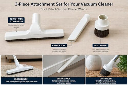 Plastic Floor Brush with Horse Hair Bristles Tool Attachment Fits 1.25 Inch Vacuum Cleaner Wands, 10 Inch Wide Cleaning Path, White. (10" Floor Tool, 3" Floor Brush, Crevice Tool) - size: 10" Floor Tool, 3" Floor Brush, Crevice Tool