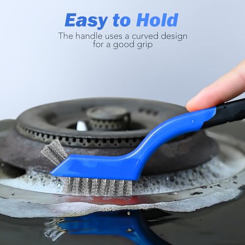 Wire Brush Set, 6 Pcs Stainless Steel/Brass/Nylon Wire Brushes for Cleaning with Curved Handle Grip for Rust Removal, Dirt, Paint Scrubbing(Blue) - style: Blue-6pcs