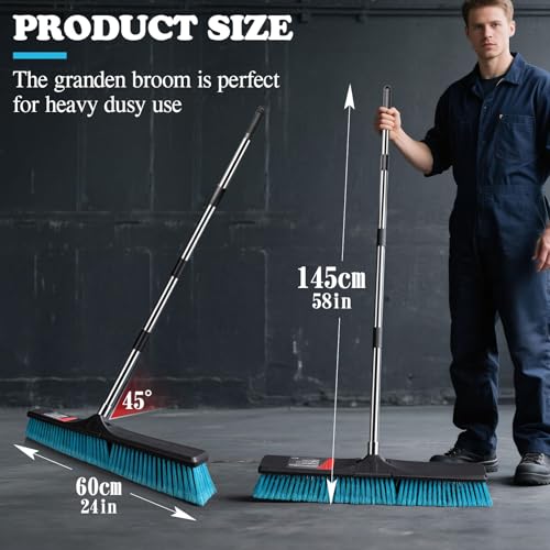 MASTERTOP 24" Heavy Duty Push Broom with Ultra-Sturdy Adjustable Handle, 6-Layer Stiff Bristles Garden Yard Broom, Outdoor Sweeping Brush for Garage, Patio, Driveway, Warehouse, Deck, Tile & Concrete - color: Push Broom Blue