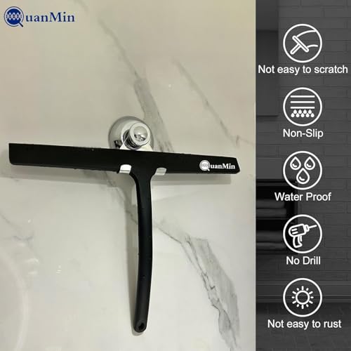 9 Inch Shower Squeegee with Hook - Heavy Duty Glass Door Scraper for Streak-Free Cleaning, Tile Walls, Shower Glass & Car Windows - Rustproof Rubber Blade & Secure Storage (Black) - size: Square Headed-9 inch