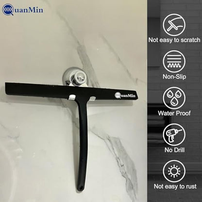 9 Inch Shower Squeegee with Hook - Heavy Duty Glass Door Scraper for Streak-Free Cleaning, Tile Walls, Shower Glass & Car Windows - Rustproof Rubber Blade & Secure Storage (Black) - size: Square Headed-9 inch