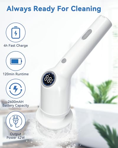 Electric Spin Scrubber for Bathroom,Shower Cleaning Brush,Cordless Shower Scrubber with 8 Replaceable Brush Heads and Adjustable Extension Handle,3 Adjustable Speeds for Kitchen Car, White