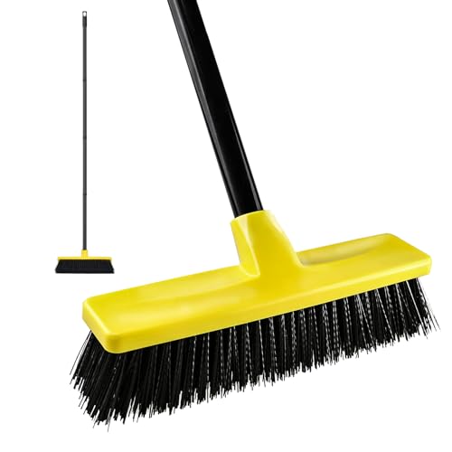 Push Broom Outdoor Indoor Broom 12" Wide,50" Long Handle with Stiff Bristles for Cleaning Scrubbing Deck Driveway Yard Patio Wood Stone Tile Floor