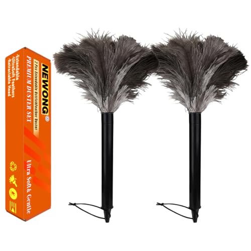 2 Pcs Ostrich Feather Duster Retractable Feather Dusters for Cleaning, Washable, Handheld Duster for Home, Car, Office, Desk, Blinds & Keyboard