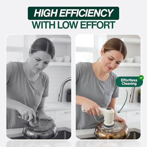 SonicPower Electric Spin Scrubber – Handheld & Ergonomic, IPX7 Waterproof, 4 Multi-Purpose Brush Heads, Long-Lasting Rechargeable Battery – Cleans Dishes, Bathroom, Tile, Grout & Kitchen (Beige) - color: Beige