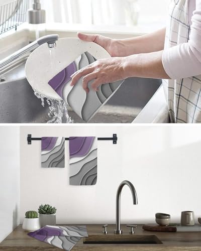 Ombre Purple Dish Towels Set,Waffle Weave Kitchen Towels 3 Pieces,Microfiber Hair Face Bath Tea Towel Absorbent Quick Drying Cleaning Dish Cloths,Abstract Geometric Grey Modern White 12"x12" - color: Purple, size: 3PCS,12"x12"