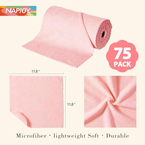 Napjoy Microfiber Cleaning Cloth Roll, 75PK Easy Tear Away Reusable Paper Towels, 12" x 12", Lint-Free and Scratch-Free with Patented Fiber Technology Microfiber Towel Roll, Pink - color: Pink