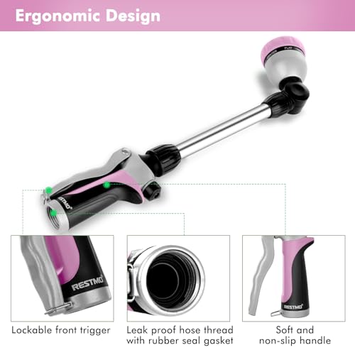 RESTMO Metal Watering Wand, Heavy Duty Garden Hose Wand with 180° Swivel Ratcheting Head, 16'' Hose Nozzle Sprayer with 7 Spray Patterns and Flow Control, for Water Hanging Baskets and Shrubs, Pink - color: Pink