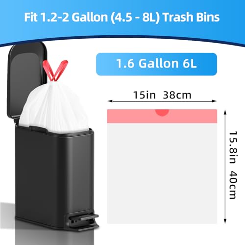 KUK 1.6 Gallon Drawstring Trash Bags - 60 Count White Small Garbage Bags, Unscented Strong Plastic Waste Basket Liners for Home/Office/Car, Fits 4.5-8 Liter Bins, 6 Rolls with Tear-Free Design - size: 1 Count (Pack of 60)
