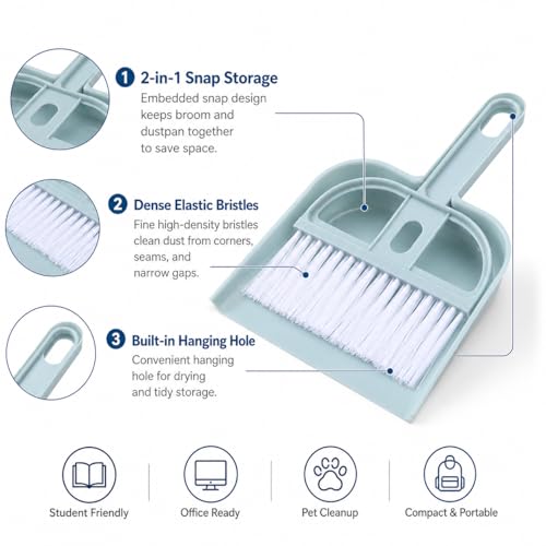 Mini Dustpan and Brush Set, 2 in 1 Portable Small Desk Sweeping Broom, Compact Tabletop Cleaner for Desktop, Keyboard, Sofa, Pet Hair, Crumbs Home Office Cleaning