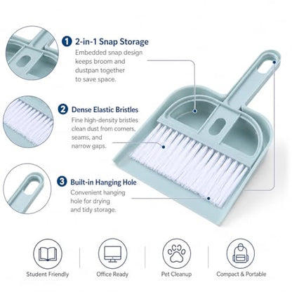 Mini Dustpan and Brush Set, 2 in 1 Portable Small Desk Sweeping Broom, Compact Tabletop Cleaner for Desktop, Keyboard, Sofa, Pet Hair, Crumbs Home Office Cleaning
