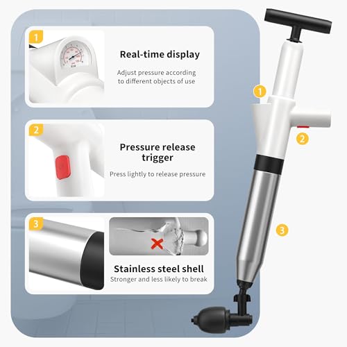 Toilet Plunger, Drain Clog Remover, Plungers for Bathroom, High-Pressure Air Drain Blaster with Real-Time Barometer Powerful Heavy Duty Toilet Snake for Sink, Floor, Kitchen Clogged - color: Matte White