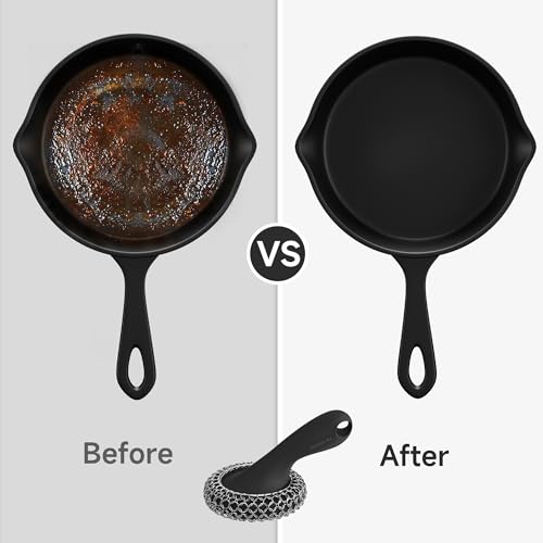 SUBEKYU Cast Iron Scrubber with Silicone Handle, Stainless Steel Skillet Cleaner for Cast Iron Pans (Black Scrubber + Scraper) - color: Black Scrubber + Scraper