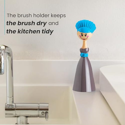 Vigar Dolls Dish Brush with Handle and Holder - Dish Scrubber Brush for Dishes and Pans, Kitchen Scrub Brush, Dishwashing Brush for Kitchen Sink Cleaning, Cute Standing Dish Brush Design - Gray, Blue - color: Gray, Blue