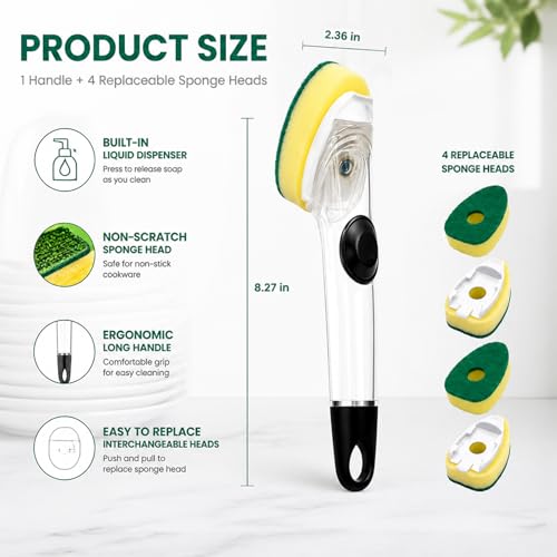 Dish Brush with Soap Dispenser, Dish Scrubber with Handle, Kitchen Sponge Brush for Washing Dishes Pots