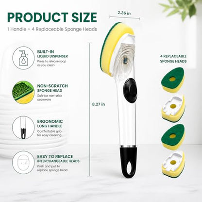 Dish Brush with Soap Dispenser, Dish Scrubber with Handle, Kitchen Sponge Brush for Washing Dishes Pots