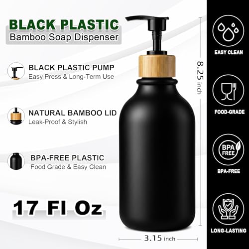 KASUNTING Hand Soap Dispenser Bathroom, Black Dish Soap Dispenser for Kitchen, 17 Fl Oz Plastic Hand and Dish Soap Dispensers Set with Bamboo Pump, 2 Pack Refillable Liquid Lotion Containers Bottle - color: Black, size: 2 Bottles