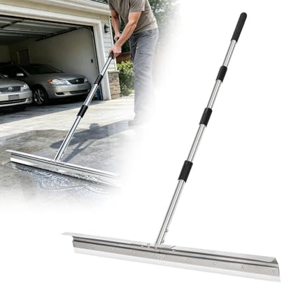 Heavy-Duty Large Floor Squeegee for Concrete, 33.4" Commercial Silicone Blade Squeegee for Floor with 63" Stainless Handle, Anti-Splash Curved Baffle for Garage, Factory, and Tough Cleaning Jobs - size: Large