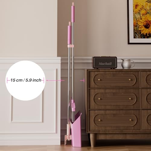 JOYMOOP Pink Broom and Dustpan Set, Upright Angle with Built-in Comb Teeth for Kitchen, Lobby, Pet Hair and Hard Floors - color: Lavender Pink & Sakura Pink