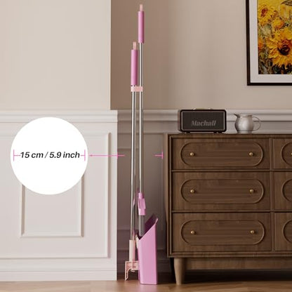 JOYMOOP Pink Broom and Dustpan Set, Upright Angle with Built-in Comb Teeth for Kitchen, Lobby, Pet Hair and Hard Floors - color: Lavender Pink & Sakura Pink