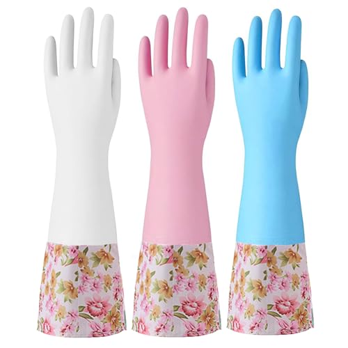 KINGFINGER Rubber Cleaning Gloves, 3 Pairs Reusable Latex-Free Dishwashing Gloves, Dish Glove with Flocked Cotton Liner, Long Cuff, Kitchen Household Glove, Medium (Blue, White, Pink)