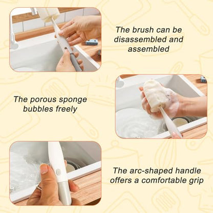 3 in 1 Water Bottle Brush, 11" Length Detachable Long Handle Cup Cleaning Brush with Head Sponge, Nylon Bristle & Crevice Tool for Deep Cleaning of Teacups Mugs Wine Glasses(White) - color: White