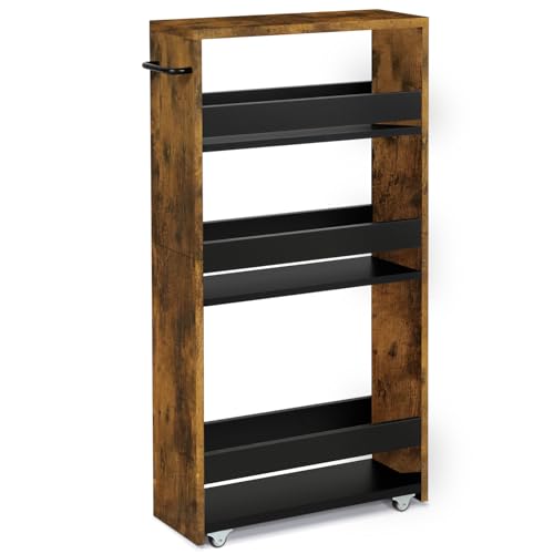 TEAMIX 4 Tier Slim Storage Cart with Handle, Slide Out Storage Rolling Utility Cart Mobile Shelving Unit Organizer Trolley for Small Spaces Kitchen Laundry Narrow Places - color: Brown+black, size: 5-1/2'' W