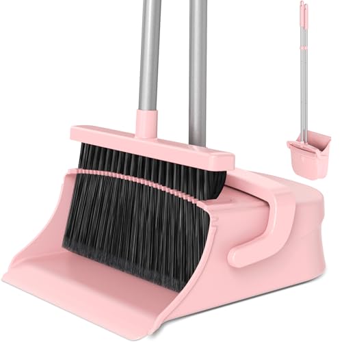 Broom with Dustpan Combo Set, Long Handle Upright Standing Self-Cleaning Broom and Dustpan Set for Pet Hair & Dust Cleanup, Indoor Outdoor Use for Home, Kitchen, Office, Pink - color: Pink
