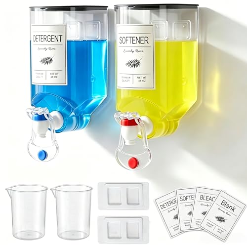 2 Pack Laundry Soap Dispenser,Wall Mounted Detergent Dispenser, Fabric Softener Dispenser, Liquid Dispenser with Spigot for Laundry Room Organization and Storage with 4 Labels Measuring Cups