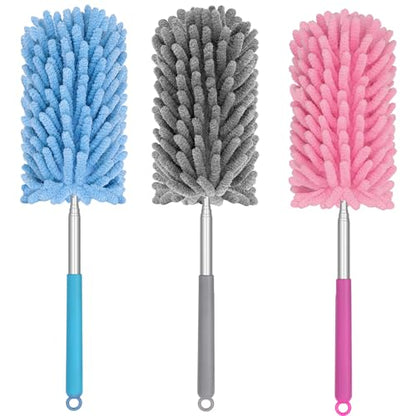Mini Duster for Cleaning, 360° Bendable Hand Dusters with Extension Pole, Washable Small Duster for Car Interior, Office, Furniture - color: 3 Pack Blue Grey Pink