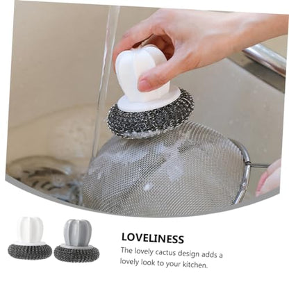 SOLUSTRE 2Pcs Wire Ball Kitchen Scrubber with Anti-slip Handle Spiral Design Dish and Pot Cleaning Brushes for Thorough Stain Removal in Home Kitchens