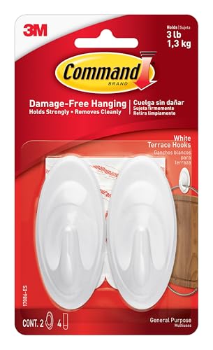 Command Indoor Terrace Hooks, 2 Hooks and 4 Strips, Damage-Free Hanging Wall Hook with Adhesive Strips, No Tools Great for Hanging, Organization and Storage, Holds up to 3 lb - size: Medium, style: Indoor Hooks